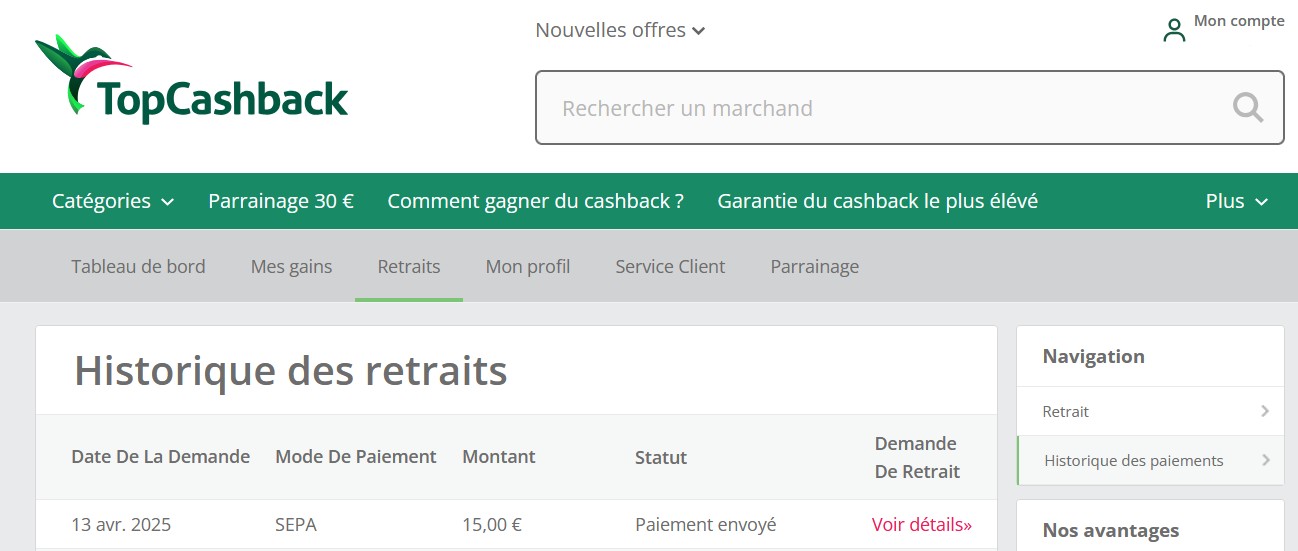 Preuve de paiement Topcashback fr de Up22