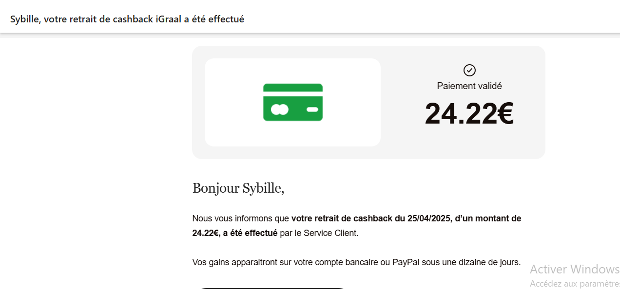 Preuve de paiement IGraal de Bibouza
