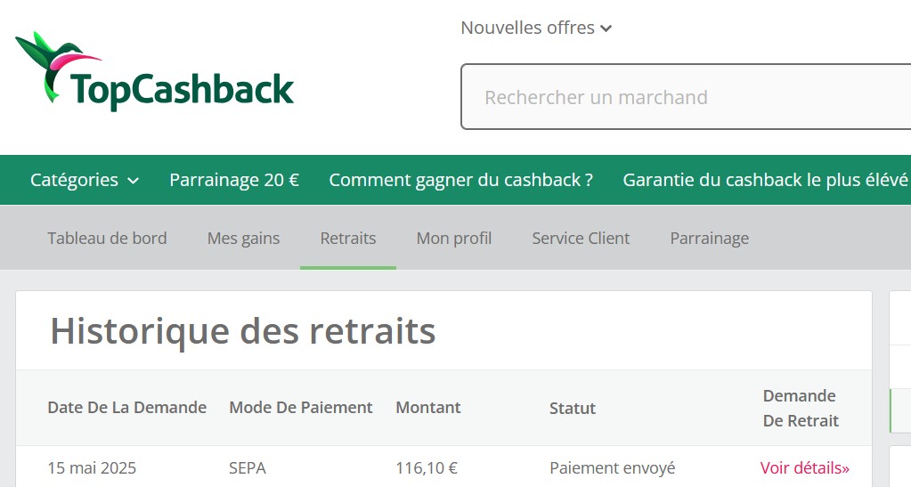 Preuve de paiement Topcashback fr de Up22