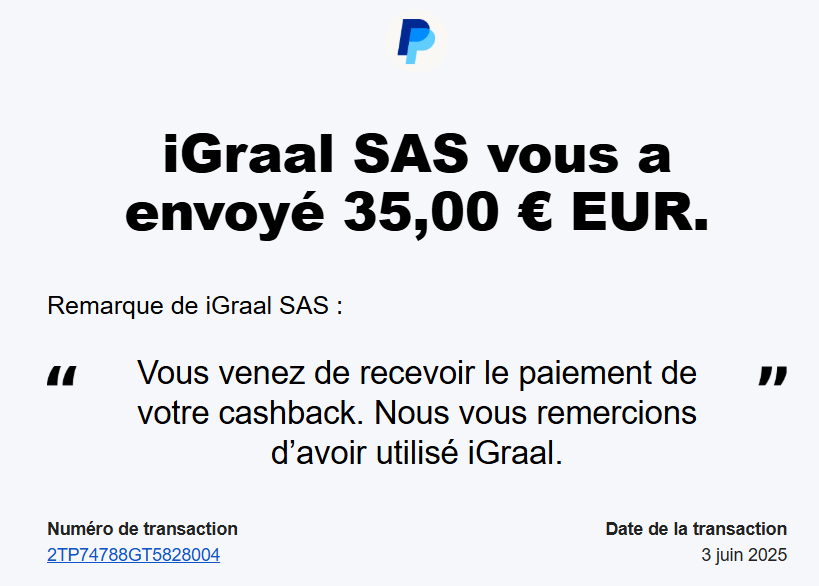 Preuve de paiement IGraal de Xandre
