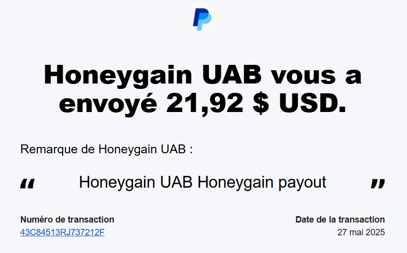 Preuve de paiement Honeygain de Xandre