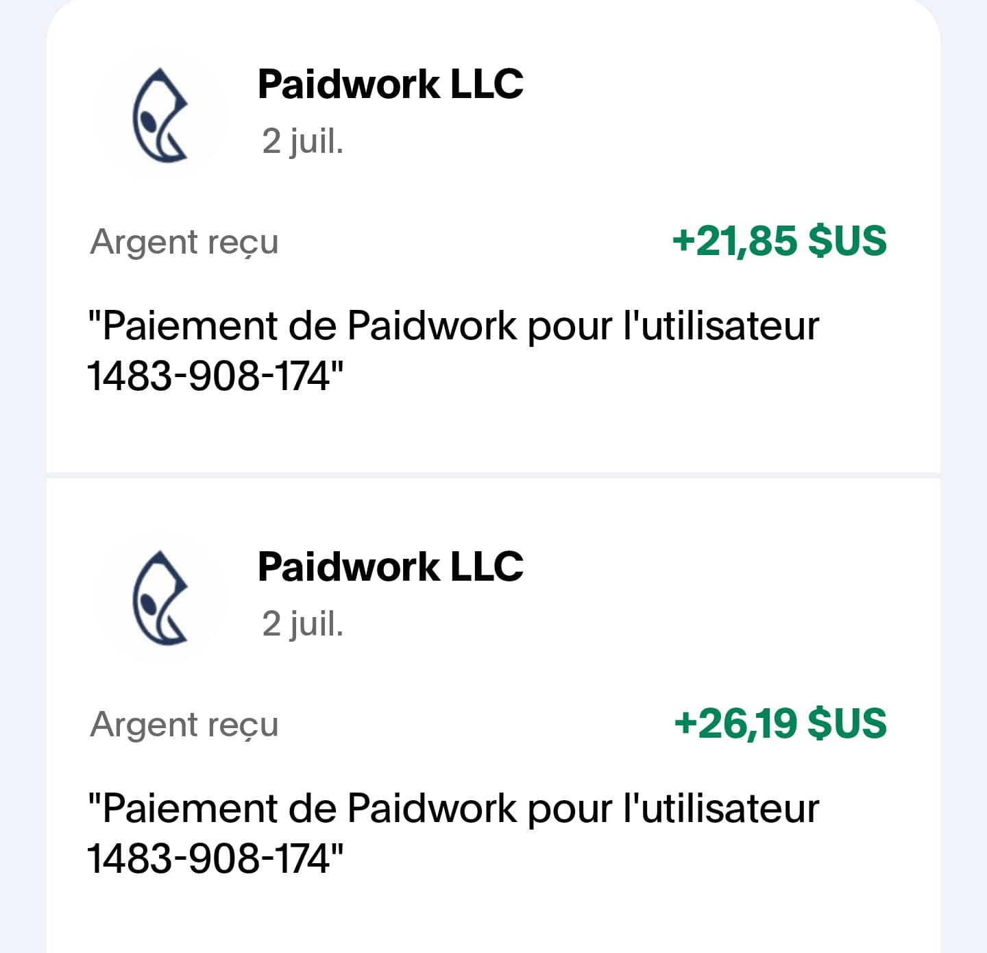 Preuve de paiement Paidwork de Kenya