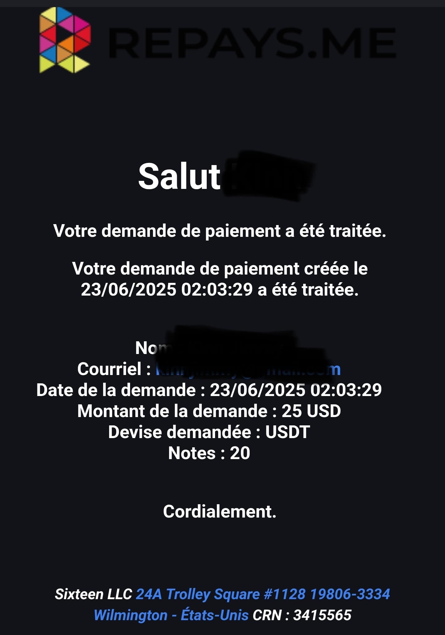 Preuve de paiement Repays.me ( ex Coinbox) de Kenya