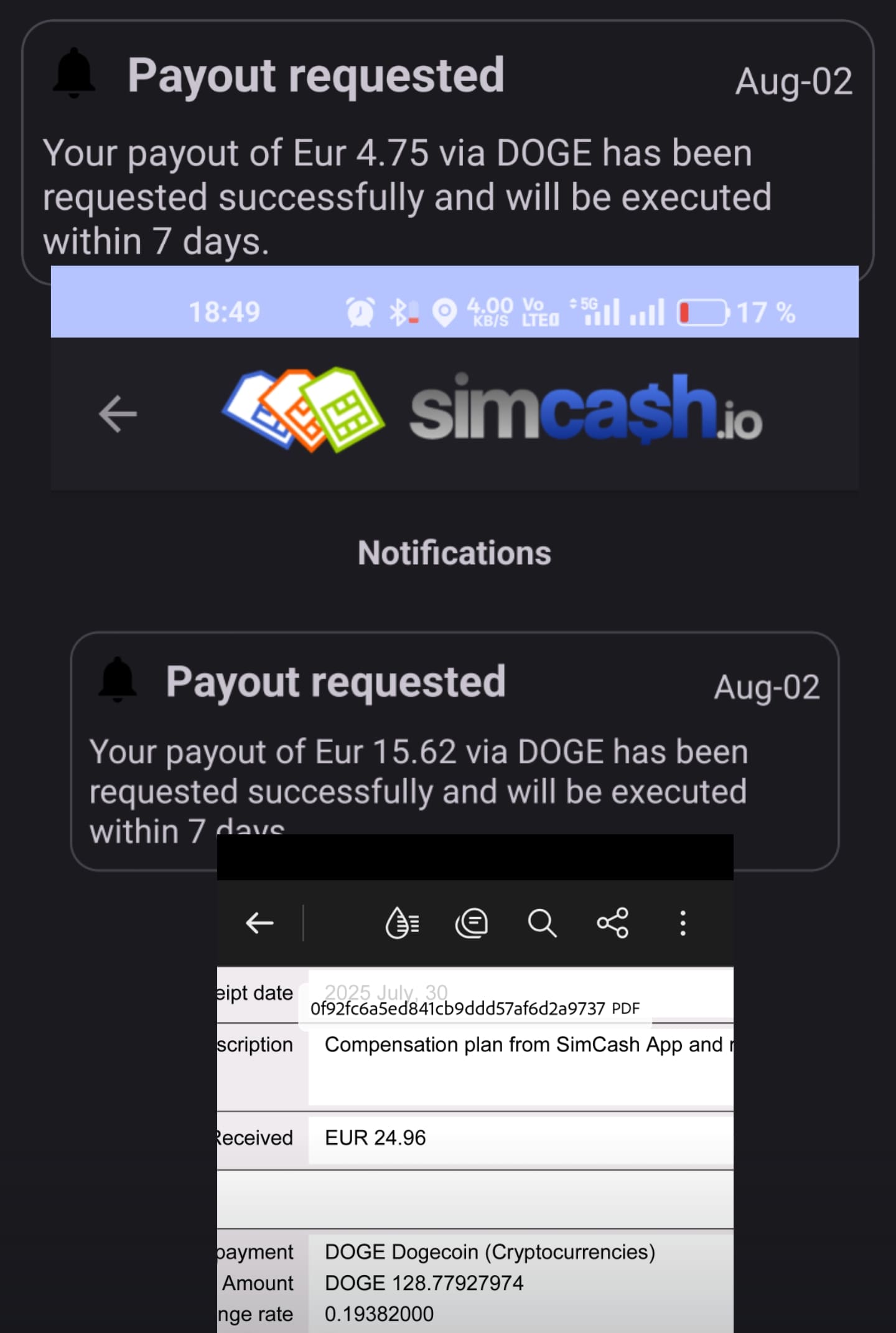 Preuve de paiement Simcash.io de Kenya