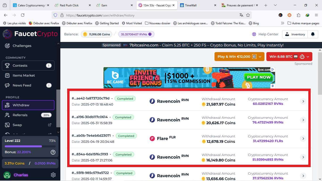 Preuve de paiement Faucetcrypto de Charlas