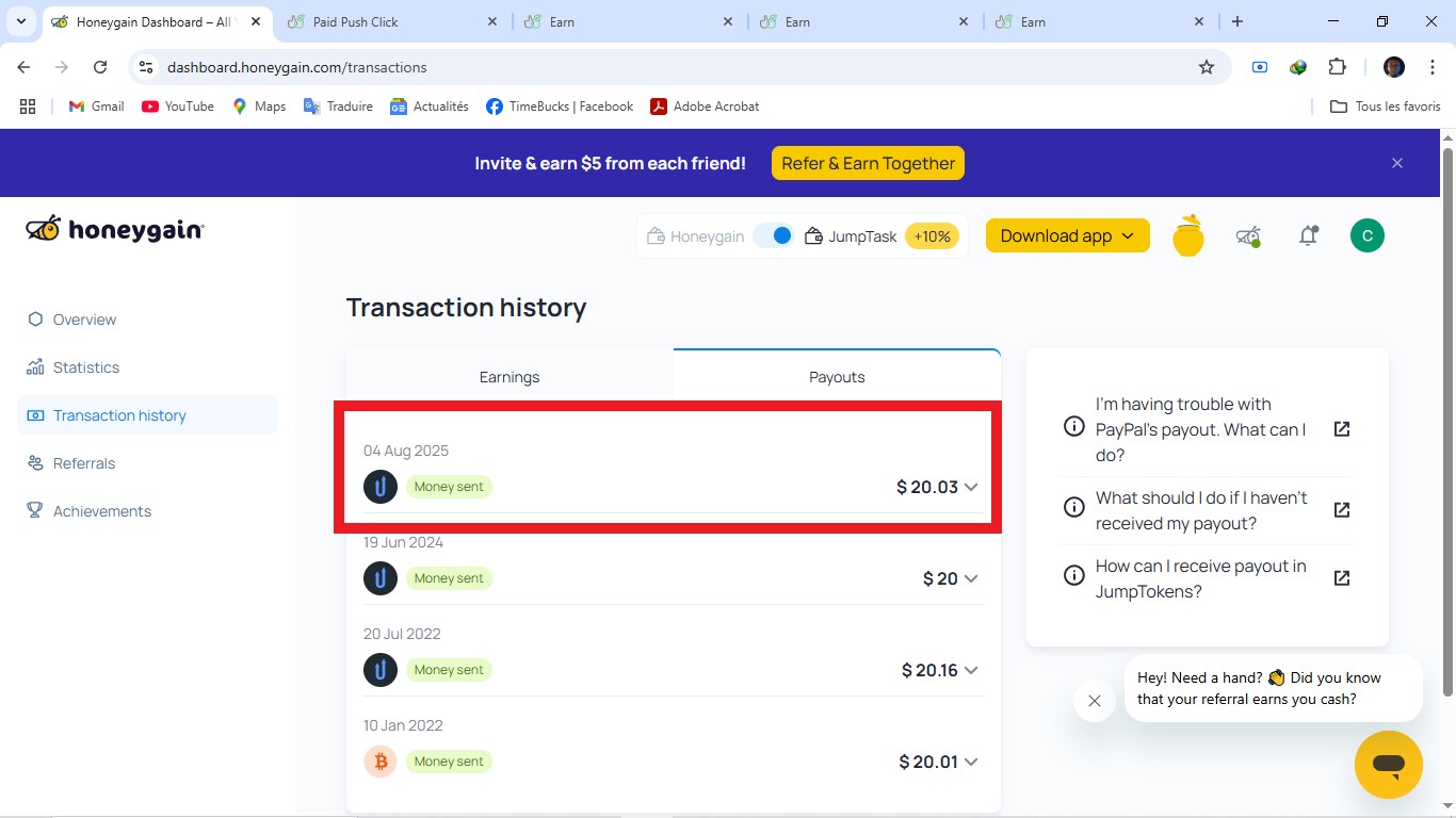 Preuve de paiement Honeygain de Charlas