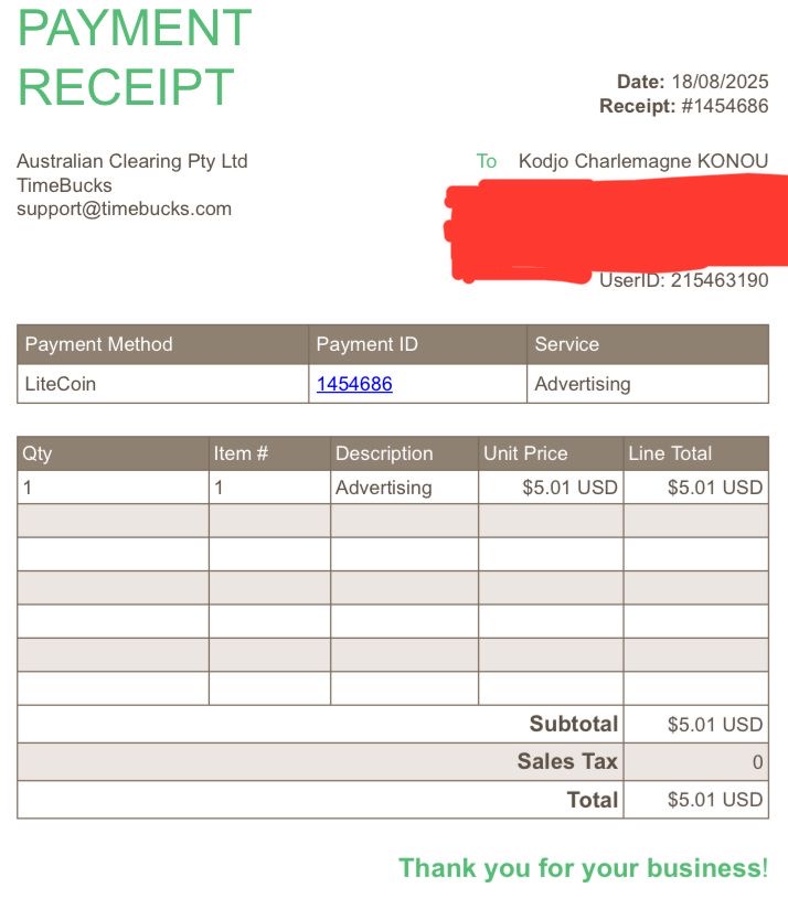 Preuve de paiement Timebucks de Charlas