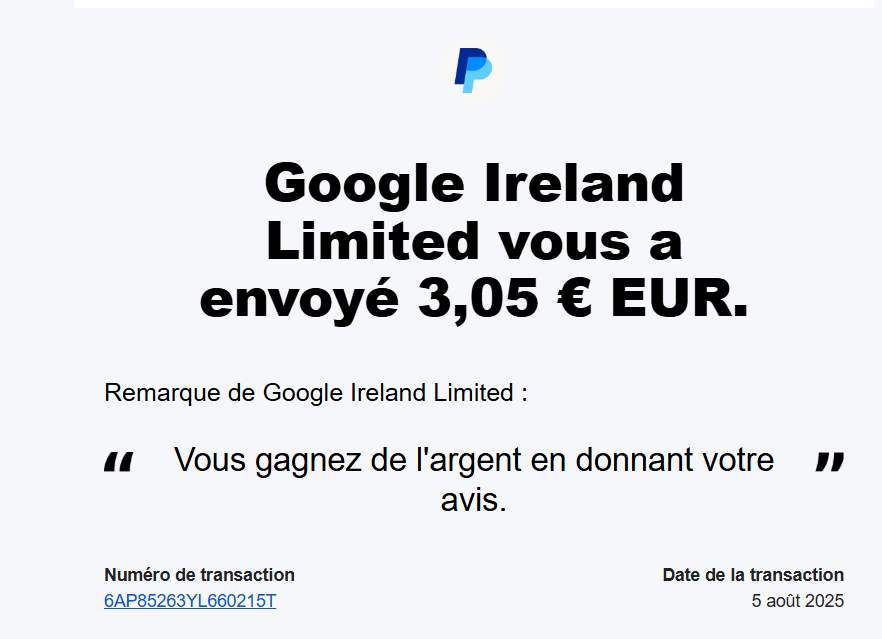 Preuve de paiement Google Opinion Reward de Xandre
