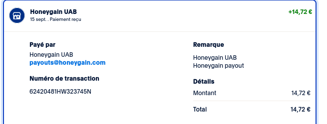 Preuve de paiement Honeygain de TheGodFather