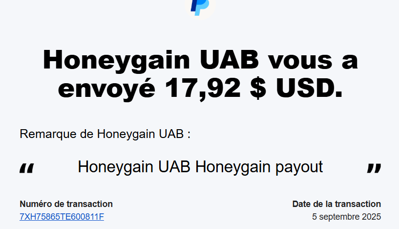 Preuve de paiement Honeygain de Xandre