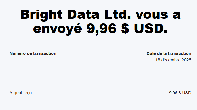 Preuve de paiement Bright data earnapp de darkray0110