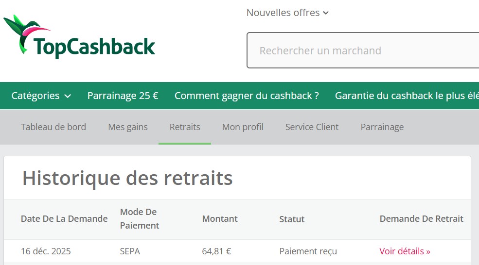 Preuve de paiement Topcashback fr de Up22