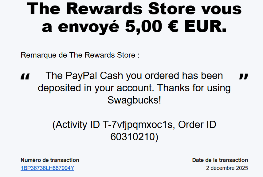 Preuve de paiement Swagbucks de Xandre