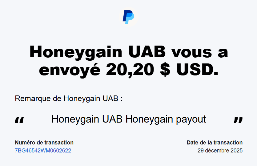 Preuve de paiement Honeygain de Xandre