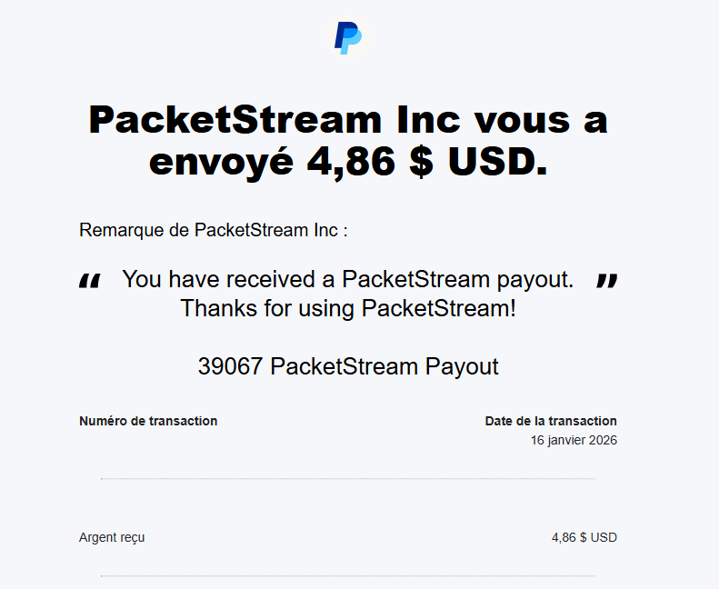 Preuve de paiement Packetstream de darkray0110