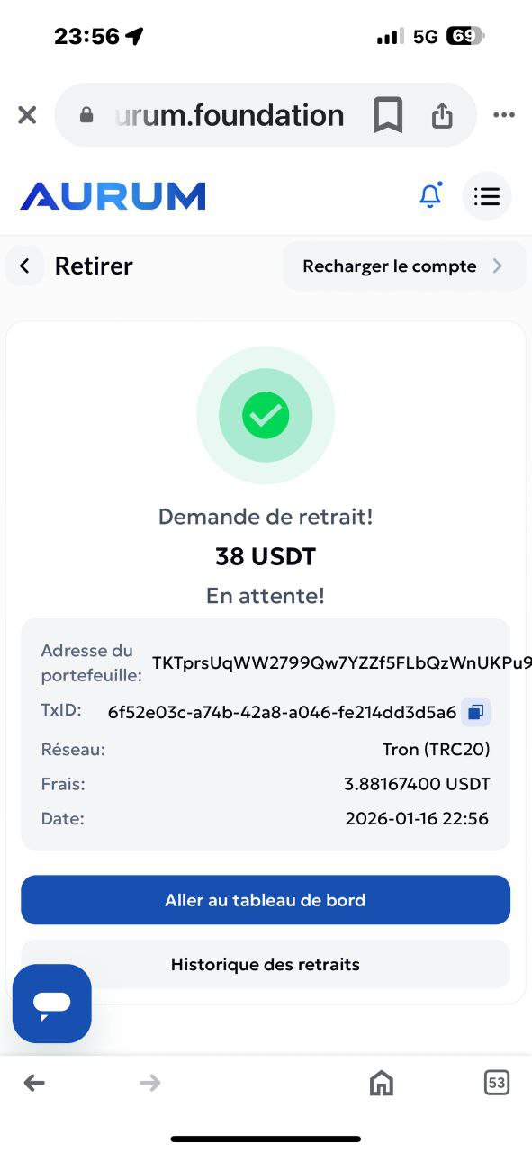 Preuve de paiement Aurum foundation de rezobiznet