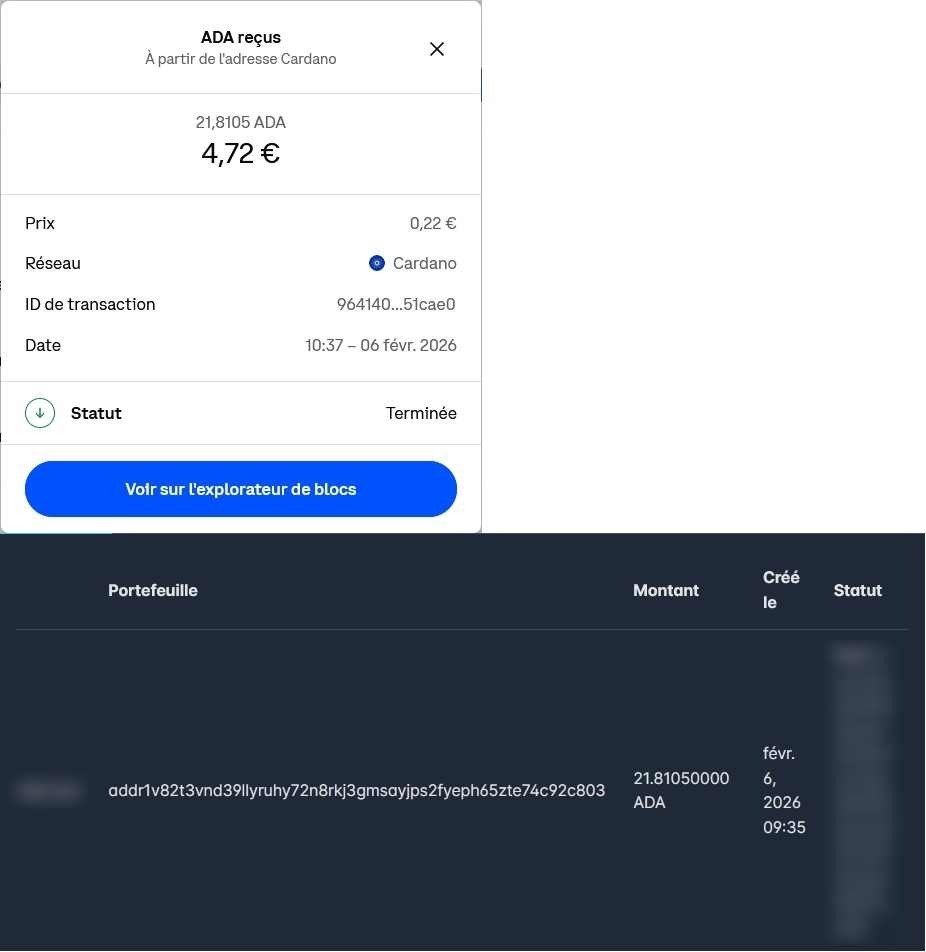 Preuve de paiement Freecardano un faucet-cardano (ada) de caffrys