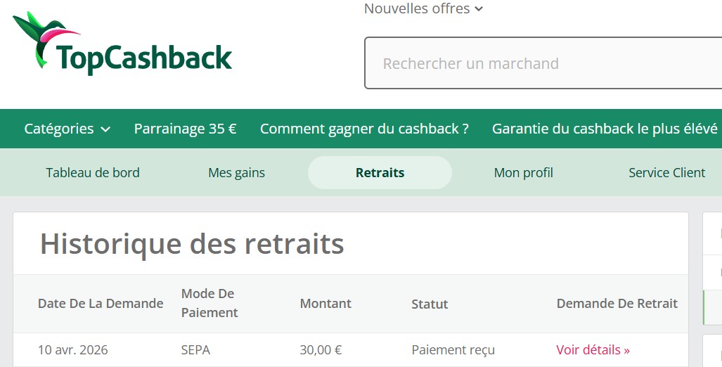 Preuve de paiement Topcashback fr de Up22