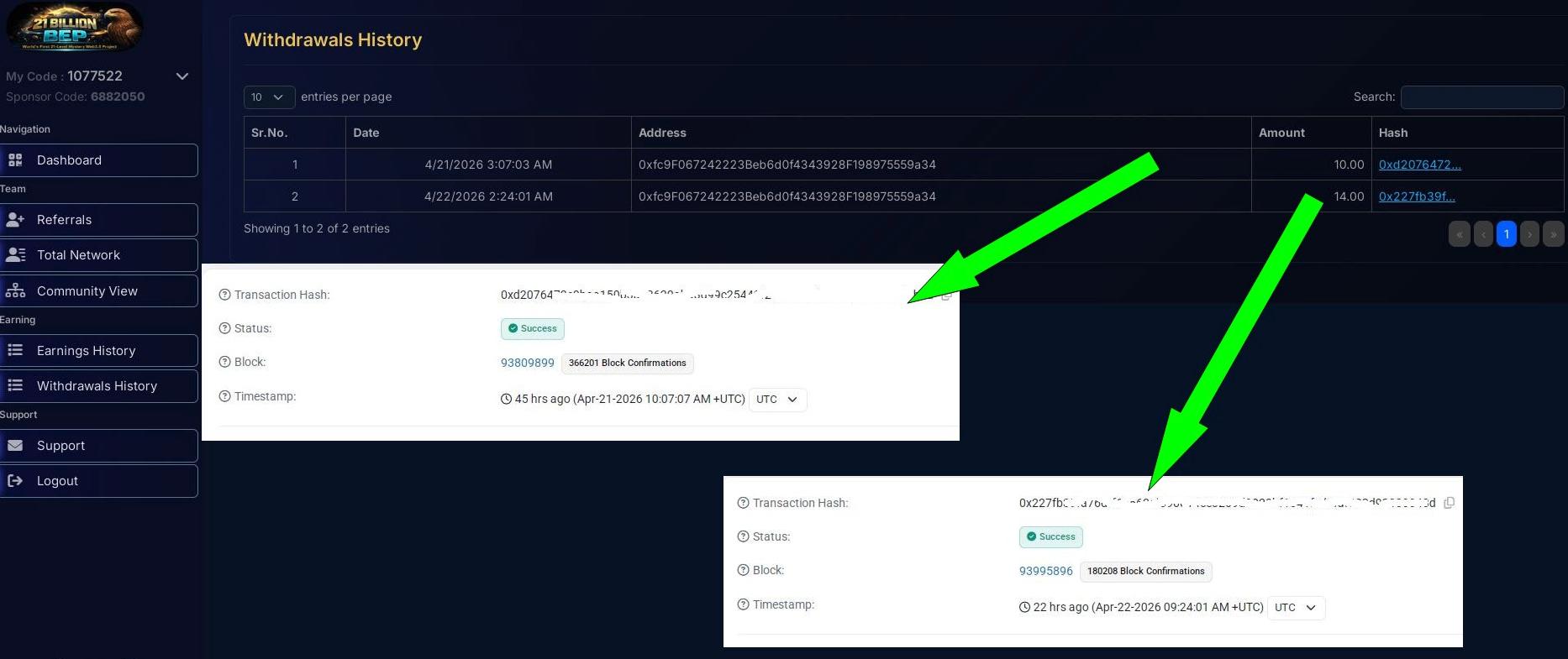 Preuve de paiement Billionbep de franckmlm