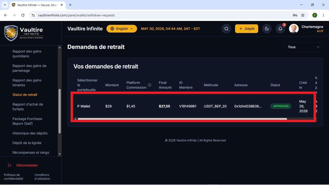 Preuve de paiement Vaultire infinite de Charlas