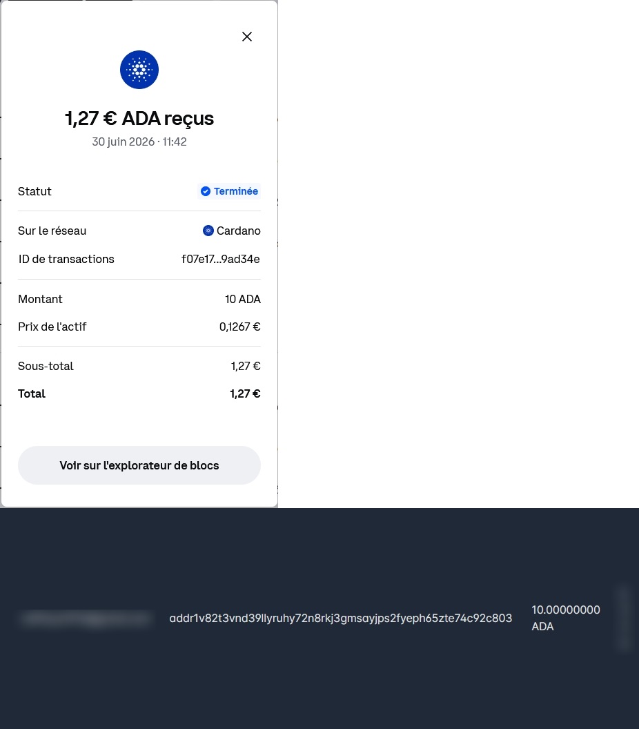 Preuve de paiement Freecardano un faucet-cardano (ada) de caffrys